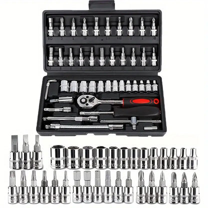 46-Piece Ultimate Car & Motorcycle Repair Kit: Durable Metal Tools, Ratchet Wrench, Screwdriver - Portable Auto Maintenance Set for Home Use