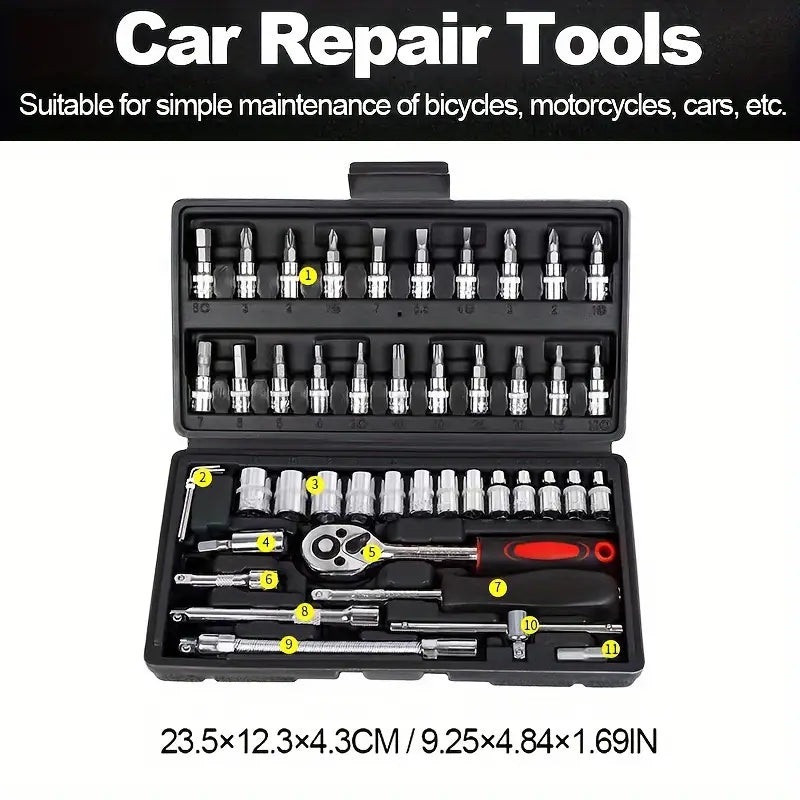 46-Piece Ultimate Car & Motorcycle Repair Kit: Durable Metal Tools, Ratchet Wrench, Screwdriver - Portable Auto Maintenance Set for Home Use