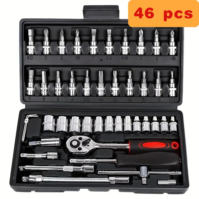 46-Piece Ultimate Car & Motorcycle Repair Kit: Durable Metal Tools, Ratchet Wrench, Screwdriver - Portable Auto Maintenance Set for Home Use