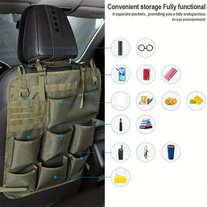 Tactical Car Seat Back Storage Bag, Universal Car Back Seat Protector, Upgraded 8 Cup Holders, Vehicle Accessory Storage Bag, Perfect Gift for Men